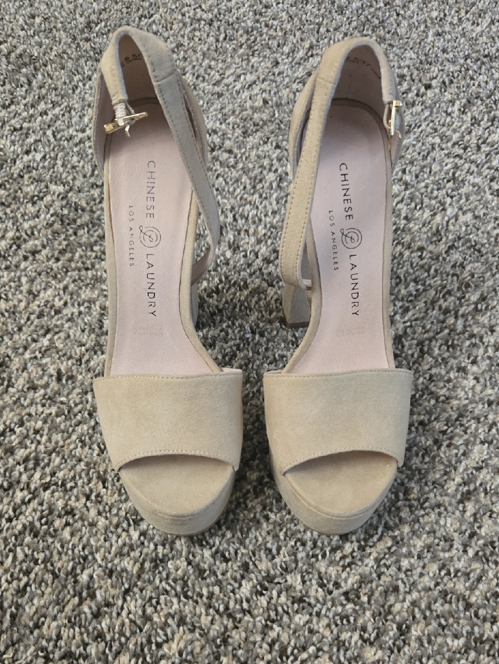 Chinese Laundry Beige Suede Platform Sandals with Ankle Strap